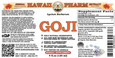 Photo of the Hawaii Pharm Goji label