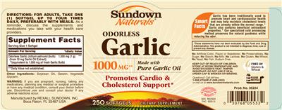 Photo of the Sundown Naturals Odorless Garlic 1000 mg label