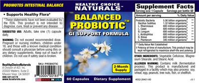 Photo of the Healthy Choice Naturals Balanced Probiotic label