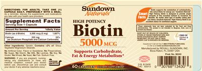Photo of the Sundown Naturals High Potency Biotin 5000 mcg label