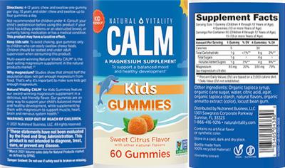 Photo of the Natural Vitality CALM Kids Gummies Sweet Citrus Flavor label