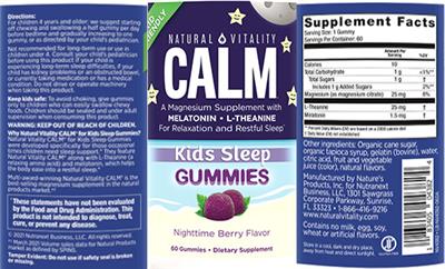 Photo of the Natural Vitality CALM Kids Sleep Gummies Nighttime Berry Flavor label