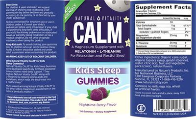 Photo of the Natural Vitality CALM Kids Sleep Gummies Nighttime Berry Flavor label