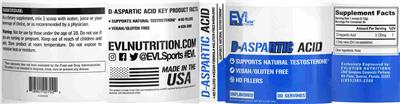 Photo of the Evlution Nutrition D-Aspartic Acid Unflavored label