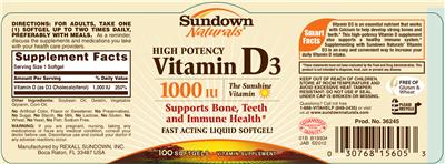 Photo of the Sundown Naturals High Potency Vitamin D3 1000 IU label