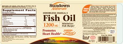 Photo of the Sundown Naturals Odorless Omega-3 Fish Oil 1200 mg label