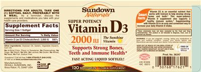 Photo of the Sundown Naturals Super Potency Vitamin D3 2000 IU label