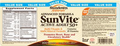 Photo of the Sundown Naturals Advanced Formula SunVite Active Adult 50+ label