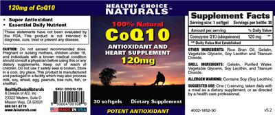 Photo of the Healthy Choice Naturals 100% Natural CoQ10 Antioxidant And Heart Supplement 120 mg label