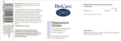 Photo of the BioCare Magnesium Citrate label