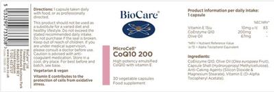 Photo of the BioCare MicroCell CoQ10 200 label
