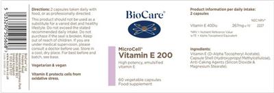 Photo of the BioCare MicroCell Vitamin E 200 label