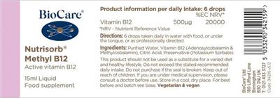 Photo of the BioCare Nutrisorb Methyl B12 label