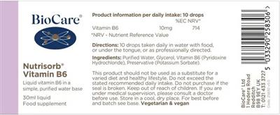 Photo of the BioCare Nutrisorb Vitamin B6 label