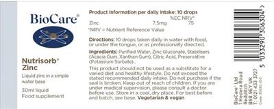 Photo of the BioCare Nutrisorb Zinc label