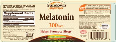 Photo of the Sundown Naturals Melatonin 300 mcg label