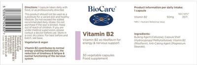 Photo of the BioCare Vitamin B2 label