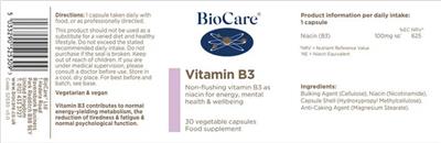Photo of the BioCare Vitamin B3 label
