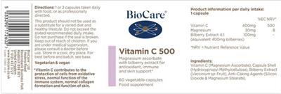 Photo of the BioCare Vitamin C 500 label