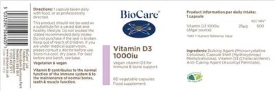 Photo of the BioCare Vitamin D3 1000 IU label