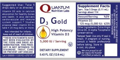 Photo of the Quantum Nutrition Labs D3 Gold 5,000 IU label