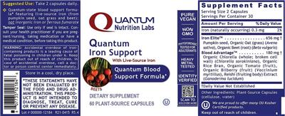 Photo of the Quantum Nutrition Labs Quantum Iron Support label