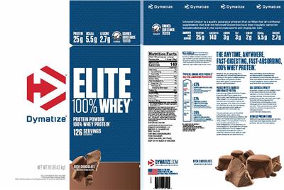 Photo of the Dymatize Elite 100% Whey Rich Chocolate label