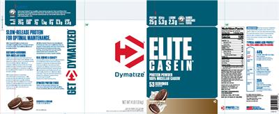 Photo of the Dymatize Elite Casein Cookies & Cream label