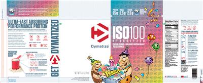 Photo of the Dymatize ISO100 Hydrolyzed Pebbles Birthday Cake Flavor label