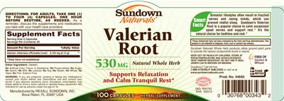 Photo of the Sundown Naturals Valerian Root 530 mg label