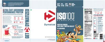 Photo of the Dymatize ISO100 Hydrolyzed Fruity Pebbles Flavor label