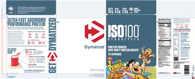 Photo of the Dymatize ISO100 Hydrolyzed Fruity Pebbles Flavor label