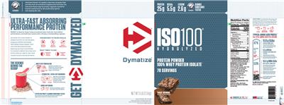 Photo of the Dymatize ISO100 Hydrolyzed Fudge Brownie label