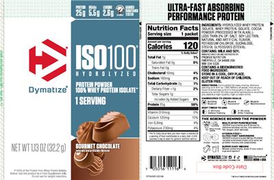 Photo of the Dymatize ISO100 Hydrolyzed Gourmet Chocolate label