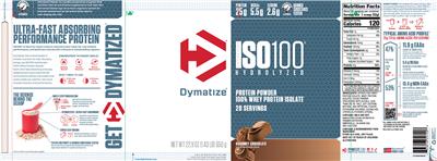 Photo of the Dymatize ISO100 Hydrolyzed Gourmet Chocolate label