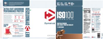 Photo of the Dymatize ISO100 Hydrolyzed Gourmet Chocolate label