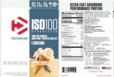 Photo of the Dymatize ISO100 Hydrolyzed Gourmet Vanilla label