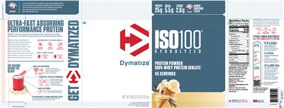 Photo of the Dymatize ISO100 Hydrolyzed Gourmet Vanilla label