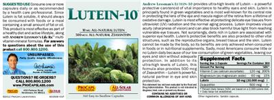 Photo of the ProCaps Laboratories Lutein-10 label