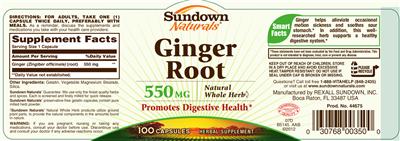 Photo of the Sundown Naturals Ginger Root 550 mg label
