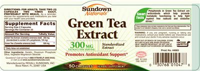 Photo of the Sundown Naturals Green Tea Extract 300 mg label