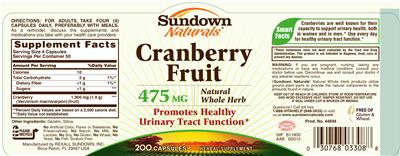 Photo of the Sundown Naturals Cranberry Fruit 475 mg label