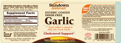 Photo of the Sundown Naturals Enteric Coated Odor-Free Garlic label