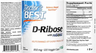 Photo of the Doctor's Best D-Ribose with BioEnergy Ribose 850 mg label