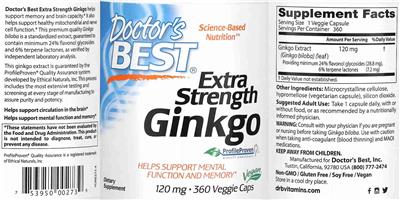 Photo of the Doctor's Best Extra Strength Ginkgo 120 mg label