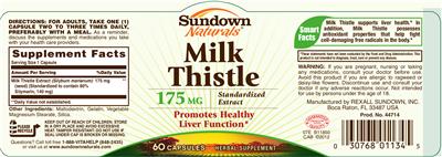 Photo of the Sundown Naturals Milk Thistle 175 mg label