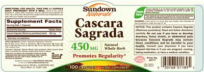 Photo of the Sundown Naturals Cascara Sagrada 450 mg label