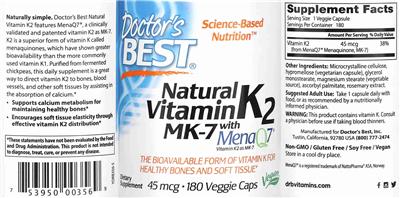 Photo of the Doctor's Best Natural Vitamin K2 MK-7 with MenaQ7 45 mcg label