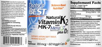 Photo of the Doctor's Best Natural Vitamin K2 MK-7 with MenaQ7 180 mcg plus D3 label