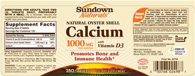 Photo of the Sundown Naturals Natural Oyster Shell Calcium 1000 mg With Vitamin D3 label